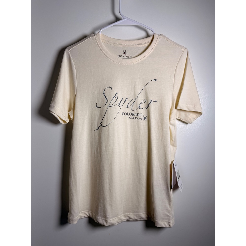 Spyder Graphic T-Shirt Women Small Cream NWT Colorado Script Short Sleeve Tee